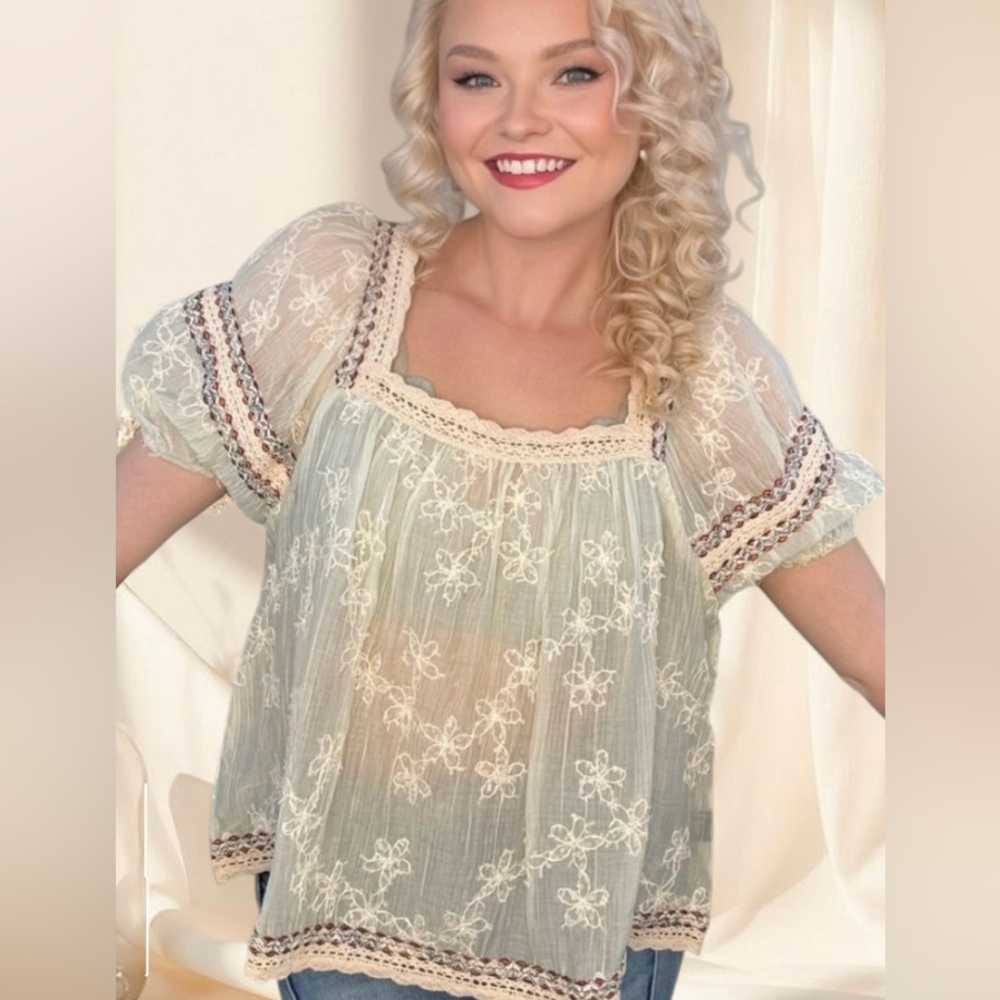 POL Sheer Sage Embroidered Lace Top | Romantic Bohemian Blouse - Picture 4 of 8